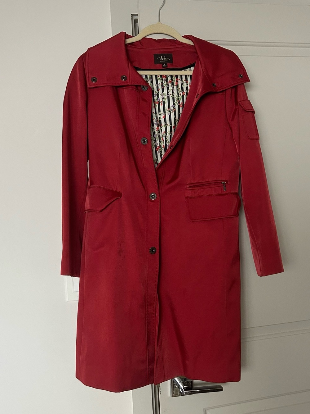 Cherry red mid-length trench coat